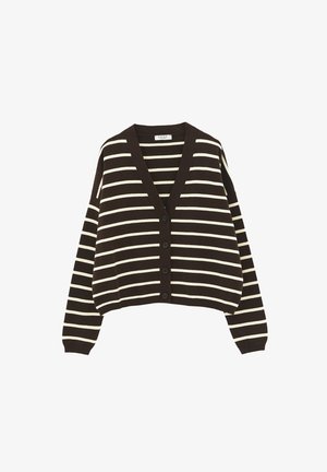 Cardigan rayé horizontal marron et blanc avec col en V et quatre boutons sur le devant, manches longues, poignets et ourlet côtelés.