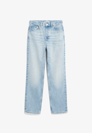 Jeans azzurri chiari a vita alta con gamba dritta, realizzati in denim. Presentano un classico design a cinque tasche e cuciture visibili.