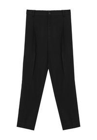 Pantaloni neri su misura con passanti per cintura, bottone frontale e pieghe sulle gambe su sfondo bianco.