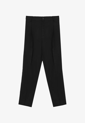 Black tailored trousers with belt loops, front button, and crease lines on the legs against a white background.