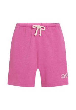 Ružové bavlnené šortky s elastickým pásom, sťahovacou šnúrkou a vyšívaným logom na spodnej ľavej strane. Hladká textúra.