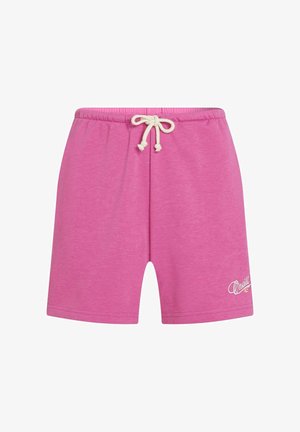 Ružové bavlnené šortky s elastickým pásom, sťahovacou šnúrkou a vyšívaným logom na spodnej ľavej strane. Hladká textúra.