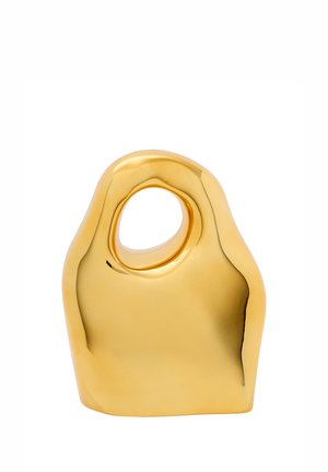 Gouden abstracte sculptuur met een gladde, reflecterende oppervlakte, met een ronde vorm en een ovale opening bovenaan. Geen extra details.