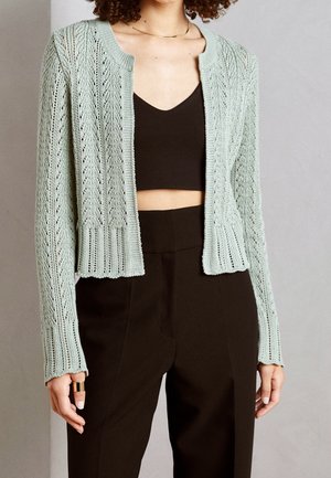 Woman wearing light green knitted cardigan over black crop top and high-waisted black pants, with curly hair and gold ring on finger.