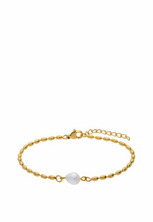Delicate gouden kralenarmband met een enkele witte parel in het midden en een karabijnsluiting met verstelbare ketting.