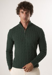 Dunkelgrüner Pullover mit hohem Kragen, halbem Reißverschluss und einem Zopfmuster-Design sowie gerippten Bündchen und Saum. Angenehme, glatte Textur.