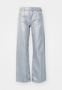 Jeans argentés à jambe large avec une finition métallique brillante. Comprend un design à cinq poches traditionnel et une fermeture avant à bouton et à fermeture éclair.