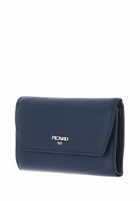 Navy blue leather wallet with a smooth texture, silver "PICARD 1928" logo, and a flap closure. Compact design with interior card slots.