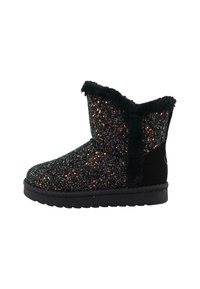 Schwarze Knöchelstiefel, die mit mehrfarbigem Glitzer bedeckt sind. Weiche schwarze Fellfütterung und Akzente. Flexibler Gummisohle und rundes Zehendesign.