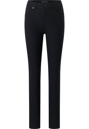 Schwarze Stretch-Hose mit glatter Textur, Frontknopfverschluss, fünf Taschen und geradem Bein.