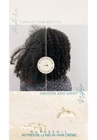Nutreeoil Leave-In Haarcreme, dargestellt mit Haar in zwei Abschnitten: links kraus und verheddert, rechts glatt und glänzend. Cremige Textur wird darunter gezeigt.