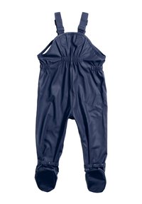 Navy waterproof overalls made from smooth, shiny material. Features adjustable straps, elastic waistband, and fitted foot.