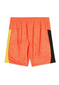 Bañadores de hombre en un vibrante color naranja con un patrón texturizado, que cuentan con paneles laterales en amarillo y negro y una cinturilla elástica.