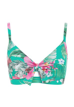 Türkisfarbenes Bikinioberteil mit tropischem Blumenmuster in Pink, Weiß und Grün, Knoten vorne und verstellbaren Trägern.