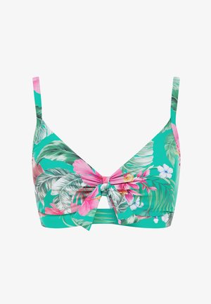 Turkoois bikinibovenstuk met tropische bloemenprint met roze, witte en groene bladeren, detail met knoop aan de voorkant en verstelbare schouderbandjes.