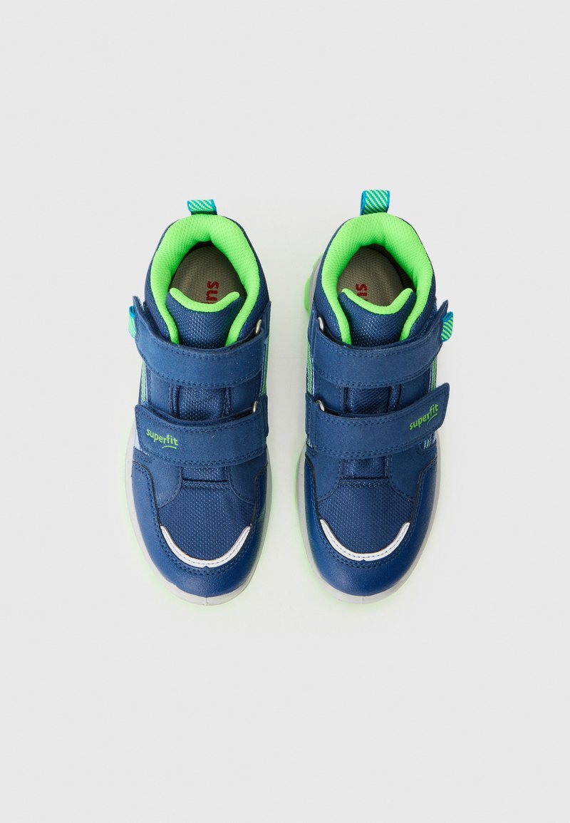 Sportliche Kinderschuhe in Blau und Grün mit Klettverschluss, aus Netzmaterial und weißen reflektierenden Akzenten, von oben betrachtet.