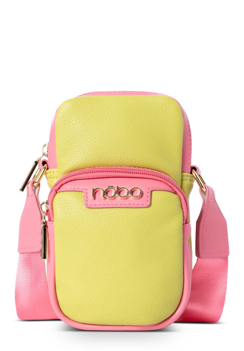 Borsa crossbody gialla e rosa realizzata in ecopelle texturizzata. Presenta una tasca frontale con zip e una tracolla staccabile con dettagli in metallo dorato.