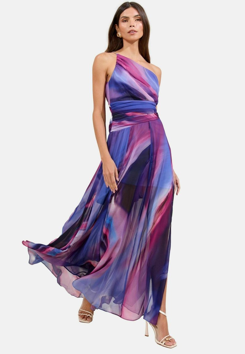 One-shoulder flowing dress in lightweight fabric featuring a blend of purple and pink hues, with a ruched waistline and sheer finish.