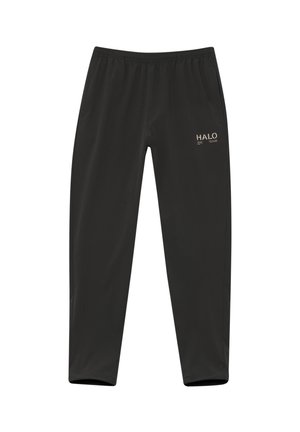 Black athletic pants with an elastic waistband, side pockets, and a small gold logo on the front. Smooth texture and tapered fit.