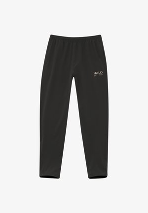 Schwarze Freizeithose mit elastischem Bund und Seitentaschen, mit kleinem weißen "HALO" Text am oberen Oberschenkel.