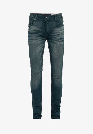 Donkerblauwe denim jeans met een slim fit, voorzien van een vijf-pocket ontwerp, subtiele slijtage en een klassieke knoopsluiting op de taille.
