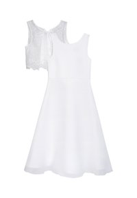 White dress with a fitted bodice and flared skirt, featuring a lace crop top with a tie closure at the back and sheer overlay.