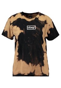 Cotton t-shirt with a tie-dye pattern in brown and black, featuring a white "obey" logo on the front. Short sleeves and a crew neck design.
