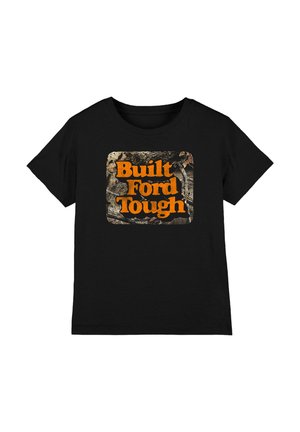 Black short-sleeve t-shirt with a camouflage square and orange text reading "Built Ford Tough" on the front center.