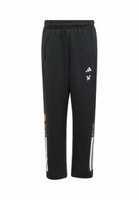 Černé sportovní kalhoty s elastickým pasem, obsahující bílé detaily a barevné postranní akcenty. Vyrobené z hladké, lehké tkaniny.