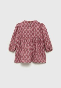 Langärmlige, burgunderfarbene Bluse mit floralem Muster, rundem Ausschnitt und Knopfverschluss hinten. Verfügt über eine geraffte Taille und weichen Stoff.
