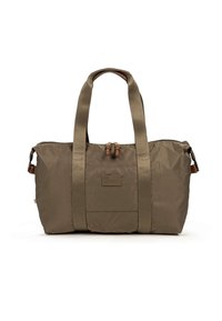 Sac fourre-tout en nylon vert olive avec deux poignées en tissu, fermeture éclair et accents en cuir. Présente une forme rectangulaire et des détails de design minimalistes.