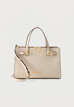 Beige pebbled leather handbag with double handles, detachable shoulder strap, and gold Love Moschino logo and heart-shaped clasp.