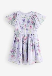 Robe pour fille violet clair avec manches courtes à volants et motif floral en tons rose, violet et vert.