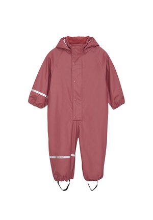 Różowy, wodoodporny kombinezon dziecięcy z kapturem, zatrzaskami, elastycznymi mankietami, odblaskowymi taśmami i paskami na stopy, przeznaczony do noszenia na zewnątrz.