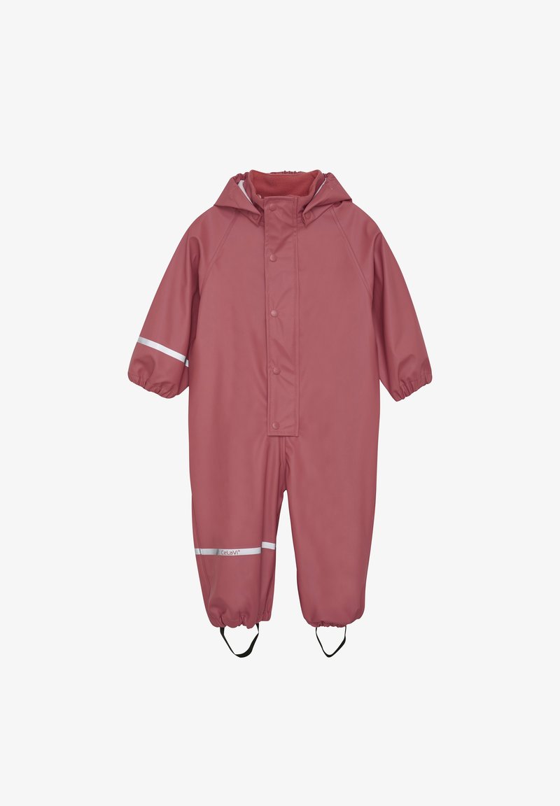 Combinaison imperméable rose pour enfants avec capuche, boutons-pression, poignets élastiques, bandes réfléchissantes et sangles pour les pieds, conçue pour une utilisation en extérieur.