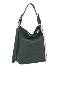 Borsa in finta pelle verde scuro con un design morbido, tracolla regolabile, accento intrecciato rosa e chiusura con zip.