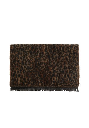 Soft rectangular scarf with dark brown and black leopard print pattern and short black fringe along one edge.