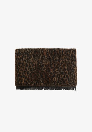 Sciarpa rettangolare morbida con motivo leopardato marrone scuro e nero e frange nere corte lungo un bordo.
