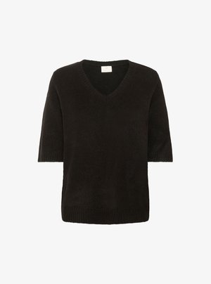 Pull noir à manches courtes avec un col en V, fabriqué dans un tissu doux et duveteux. Ourlets et manches côtelés, design simple sans motifs ni éléments métalliques visibles.