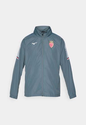 Veste coupe-vent grise avec un col haut, arborant un logo sur la poitrine et des accents rayés sur les manches. Design léger et élégant.