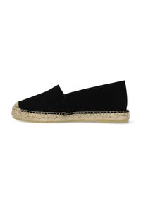 Espadrilla nera in suede con punta rotonda, suola in corda di juta, design piatto e senza decorazioni o motivi visibili.