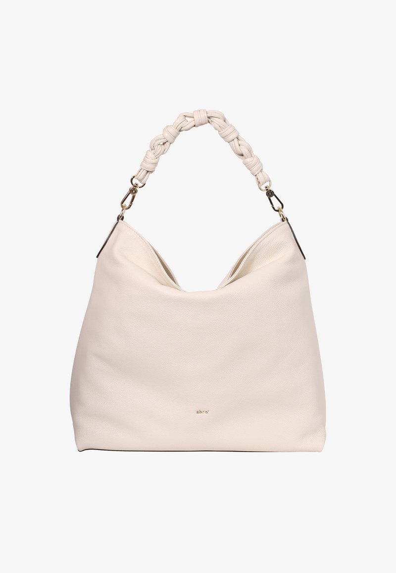 Large cream-colored leather handbag with a slouchy design, braided handle, and subtle logo accent on the front. Smooth texture.