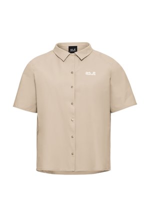 Beiges Kurzarm-Hemd mit Knopfleiste, Kragen und "Jack Wolfskin"-Logo auf der linken Brustseite.