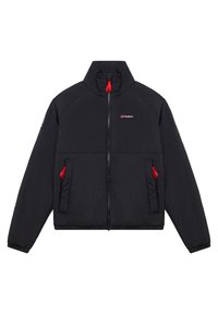 Doudoune noire avec col montant, fermeture éclair complète à l'avant, deux poches avant avec tirettes rouges, et un petit logo Berghaus sur la poitrine.