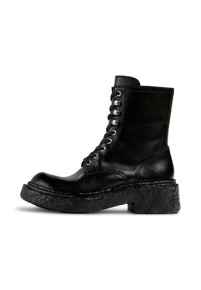 Black leather lace-up combat boot with a rounded toe and chunky textured sole. Features metal eyelets and a mid-height shaft.