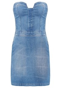 Mini-robe bustier en denim bleu clair avec détails de coutures et corsage ajusté.
