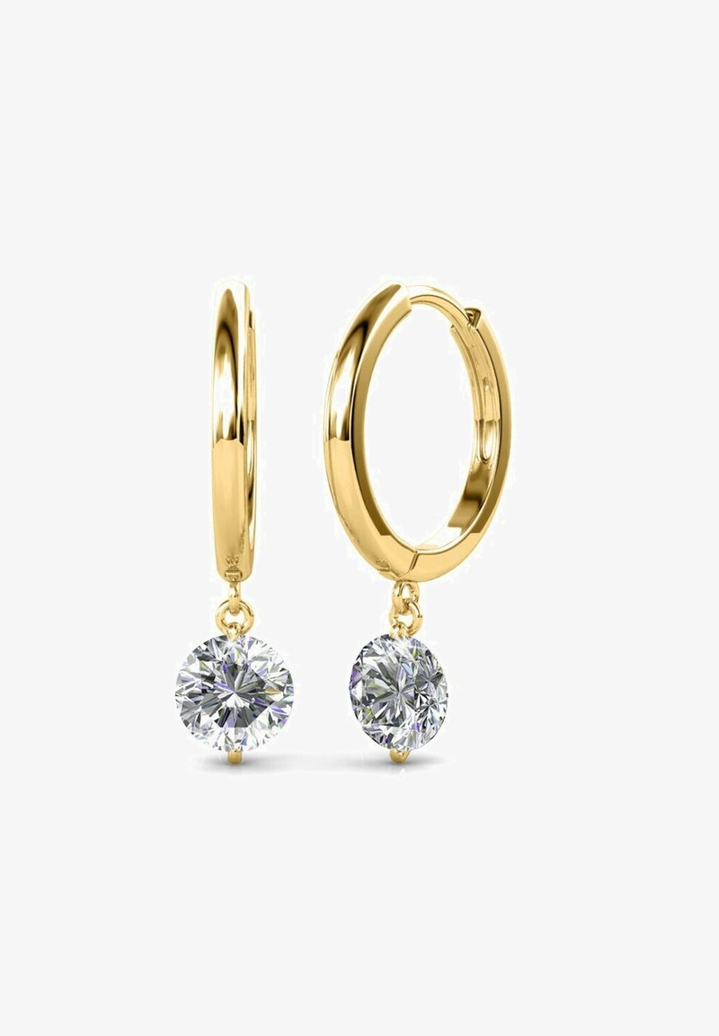 Orecchini a cerchio in oro con una finitura lucida, caratterizzati da due cristalli tonde trasparenti sospesi inferiormente. Design semplice con accenti eleganti.