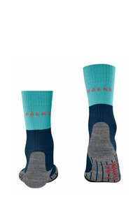 Türkisfarbene und marineblaue gerippte Socken mit grauem Fersenbereich. Enthält das rote "FALKE"-Logo und eine strukturierte Rutschfestigkeit an der Sohle. Strickkonstruktion.
