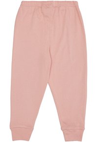 Roze katoenen joggers met een elastische tailleband en ribgebreide manchetten. Soepele textuur, taps toelopende vorm en eenvoudig ontwerp zonder extra patronen.