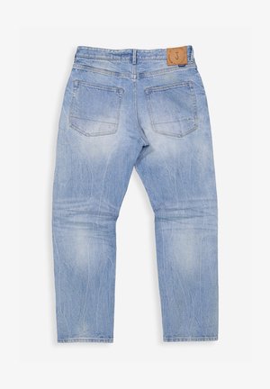 Hellblaue Jeans aus Denim mit geradem Bein. Merkmale sind Gesäßtaschen, dezentes Ausbleichen und ein gebrandetes Lederpatch am Bund.
